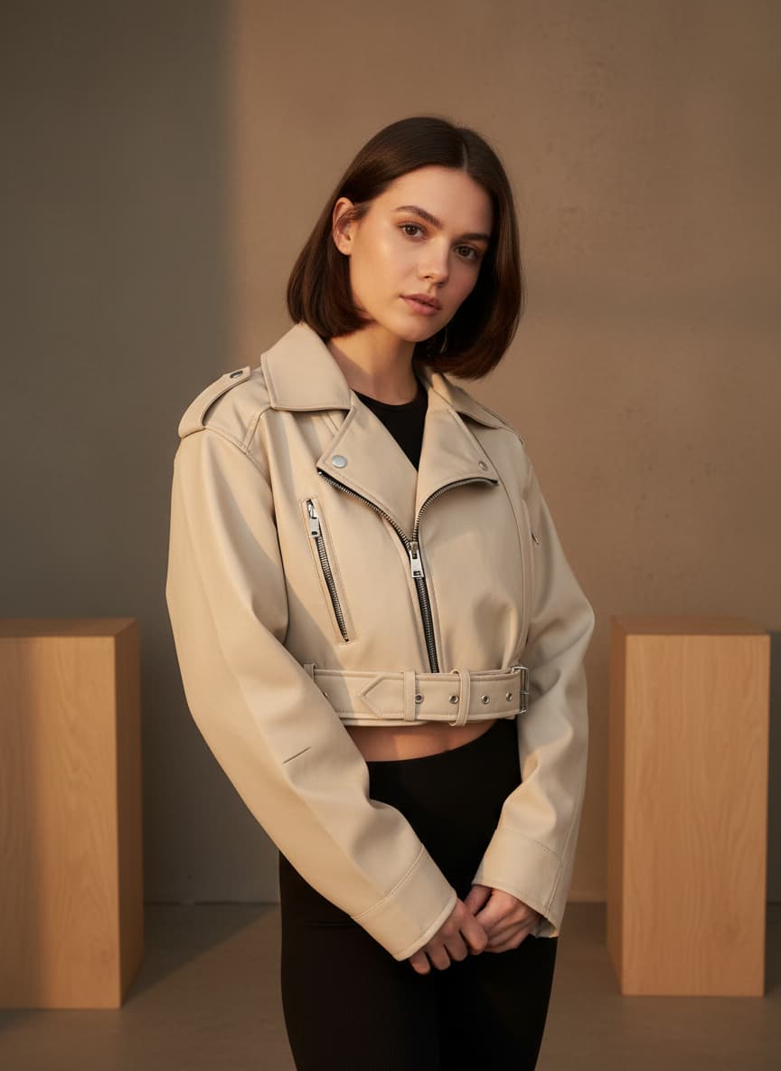 Sandstone Cropped Biker Jacket
